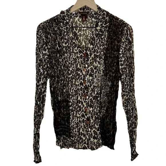 Multiples Women Leopard Print Button Up Shirt Size S Brown Sequin Pleated Blouse - Picture 1 of 9
